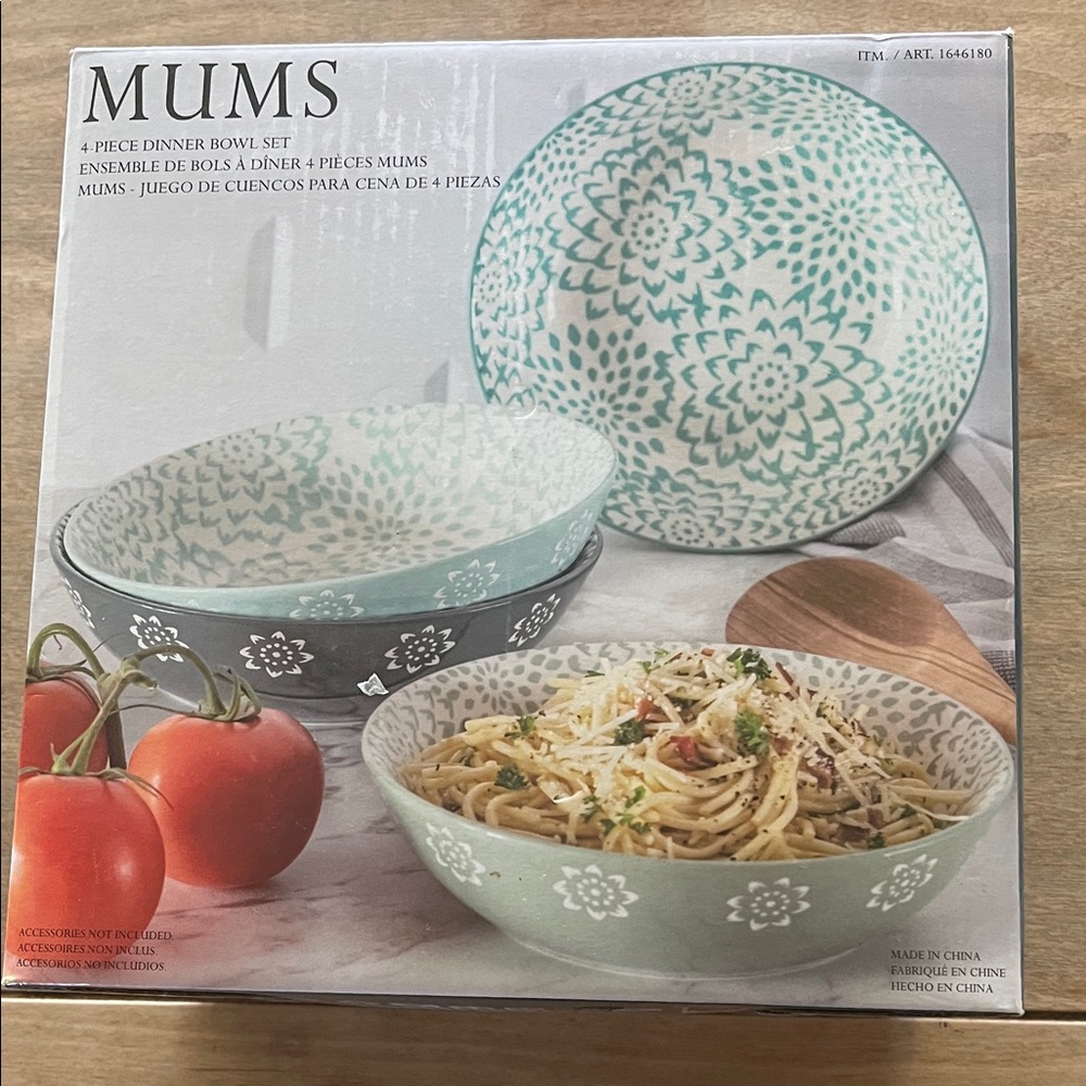 Mint Green Patterned 4-Piece Dinner Bowl Set